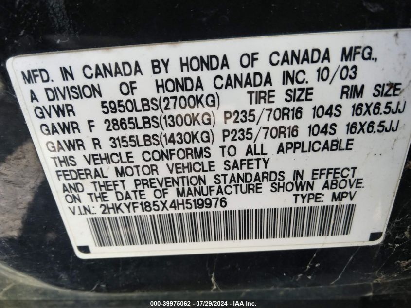 2004 Honda Pilot Ex-L VIN: 2HKYF185X48519976 Lot: 39975062