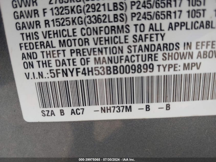 2011 Honda Pilot Ex-L VIN: 5FNYF4H53BB009899 Lot: 39975065