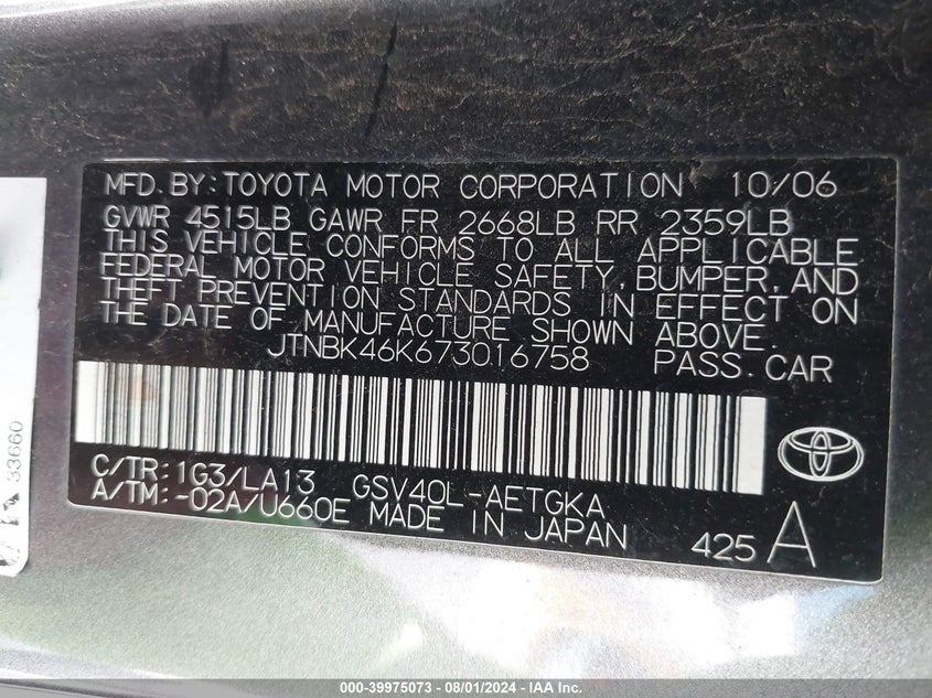 2007 Toyota Camry Le V6/Se V6/Xle V6 VIN: JTNBK46K673016758 Lot: 39975073