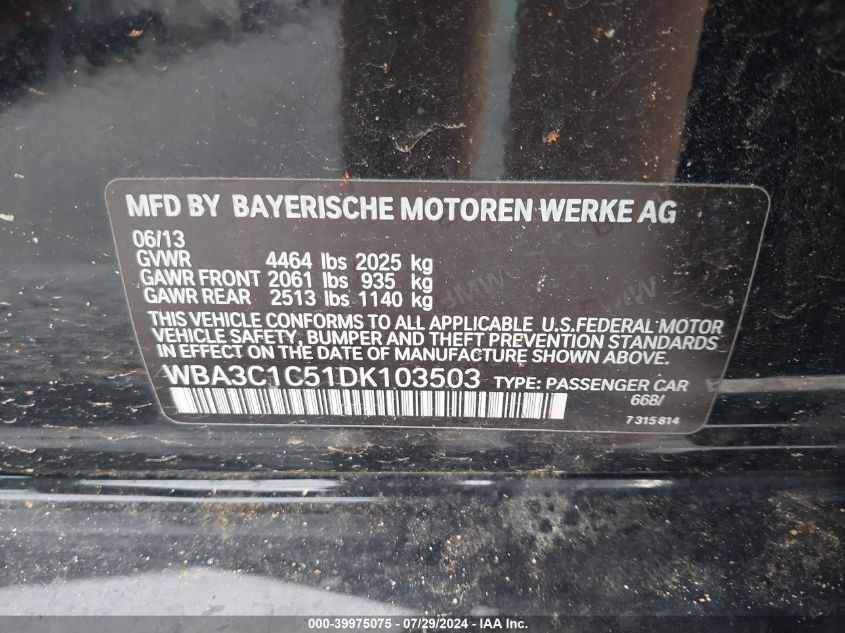 WBA3C1C51DK103503 2013 BMW 328 I Sulev