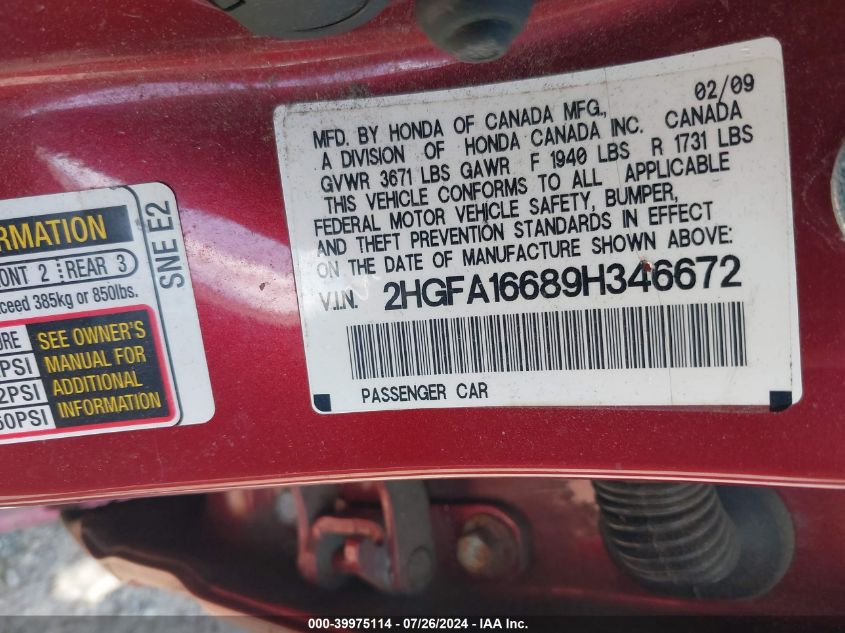 2009 Honda Civic Lx-S VIN: 2HGFA16689H346672 Lot: 39975114