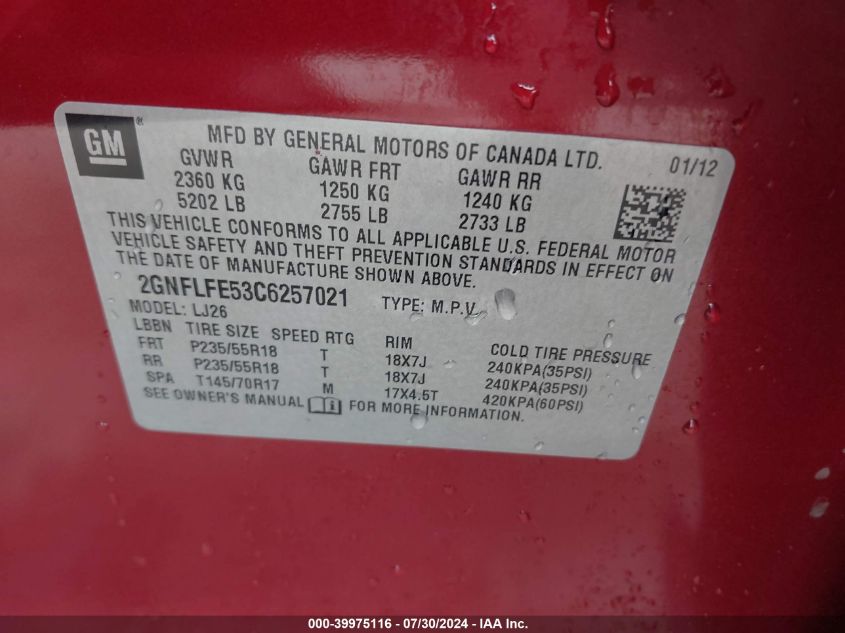 2012 Chevrolet Equinox Ltz VIN: 2GNFLFE53C6257021 Lot: 39975116