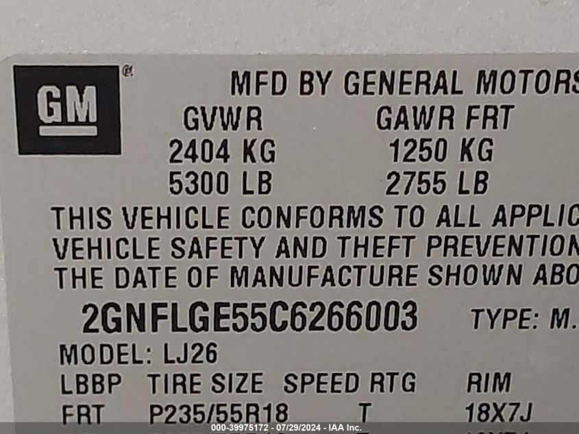 2012 Chevrolet Equinox Ltz VIN: 2GNFLGE55C6266003 Lot: 39975172