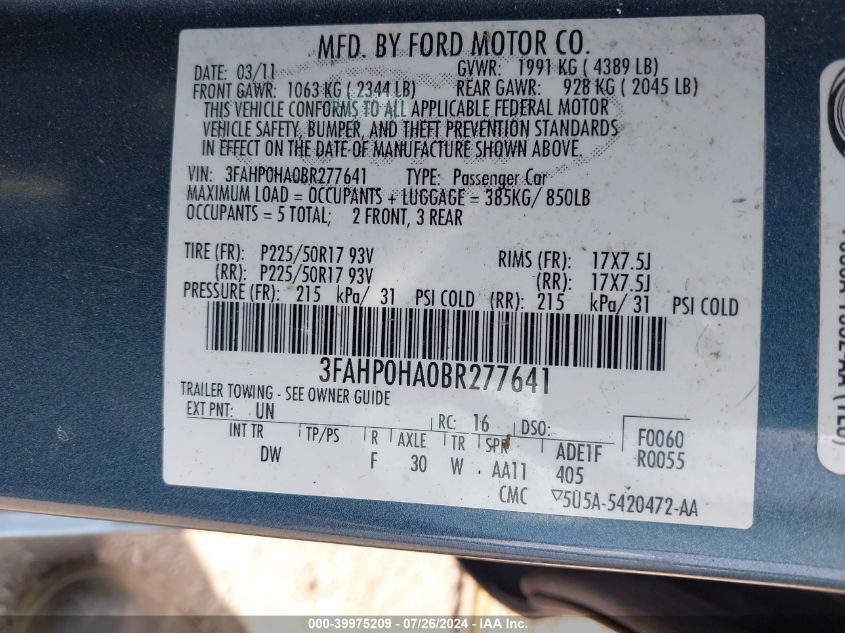 2011 Ford Fusion Se VIN: 3FAHP0HA0BR277641 Lot: 39975209