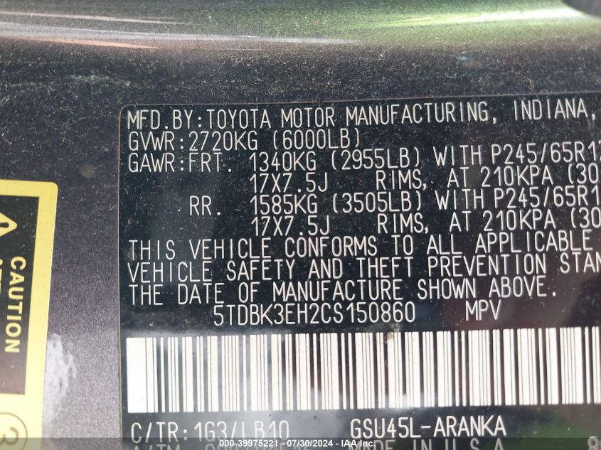 2012 Toyota Highlander Se V6 VIN: 5TDBK3EH2CS150860 Lot: 39975221