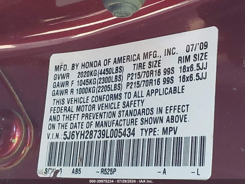 2009 Honda Element Ex VIN: 5J6YH28739L005434 Lot: 39975234