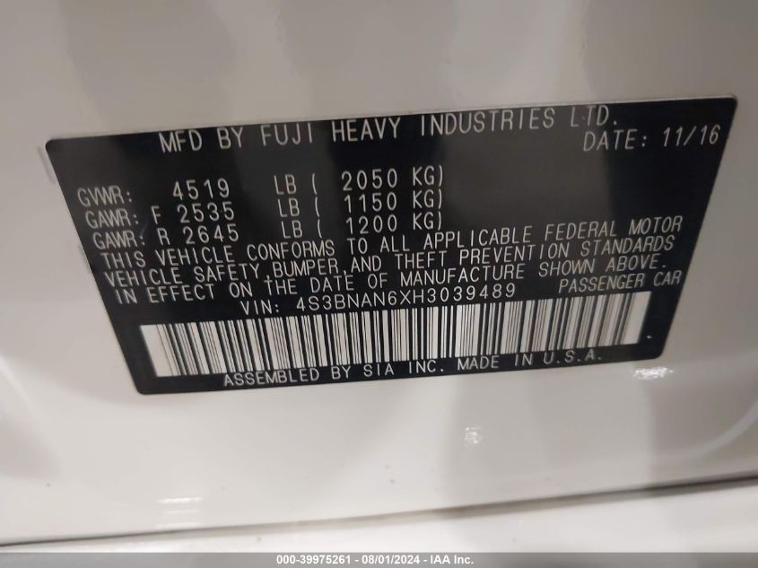 2017 Subaru Legacy 2.5I Limited VIN: 4S3BNAN6XH3039489 Lot: 39975261