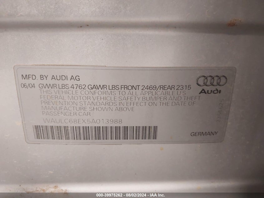 2005 Audi A4 1.8T/1.8T Special Edition VIN: WAULC68EX5A013988 Lot: 39975262