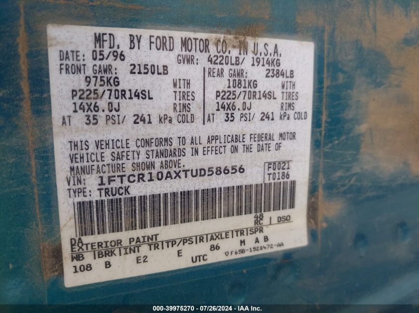 1996 Ford Ranger VIN: 1FTCR10AXTUD58656 Lot: 39975270