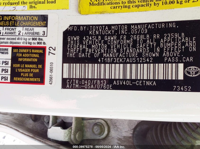 2010 Toyota Camry Le VIN: 4T1BF3EK7AU512542 Lot: 39975278