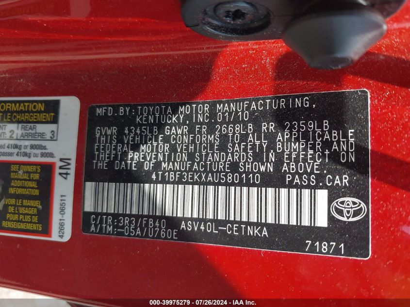 2010 Toyota Camry Le VIN: 4T1BF3EKXAU580110 Lot: 39975279