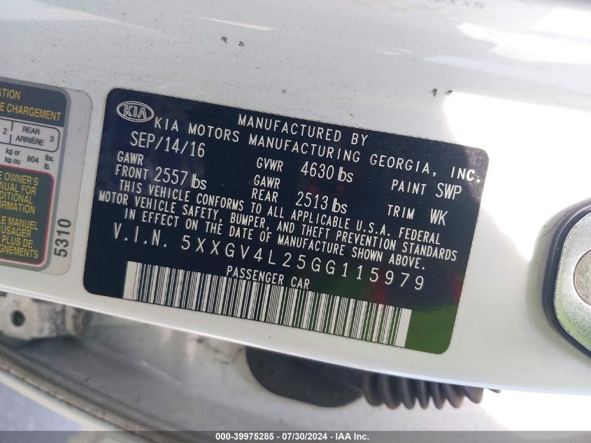2016 Kia Optima Sxl VIN: 5XXGV4L25GG115979 Lot: 39975285