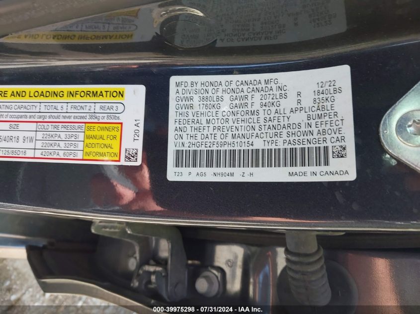 2HGFE2F59PH510154 2023 Honda Civic Sport