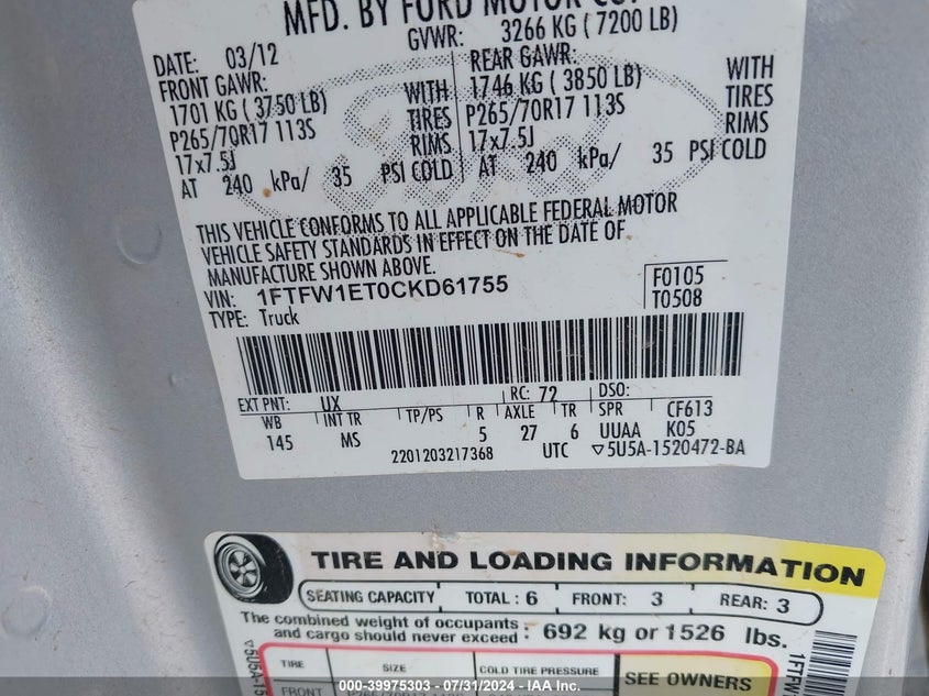 2012 Ford F-150 Xlt VIN: 1FTFW1ET0CKD61755 Lot: 39975303