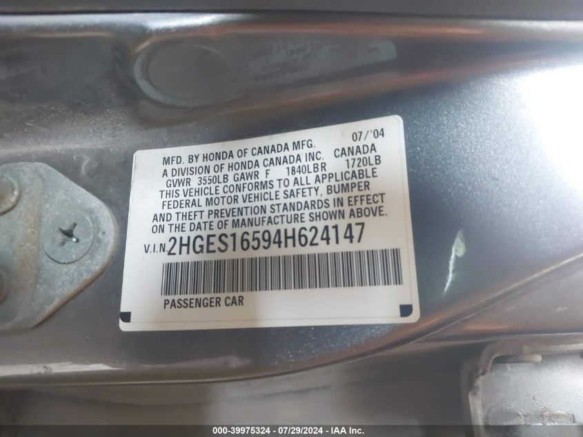 2004 Honda Civic Lx VIN: 2HGES16594H624147 Lot: 39975324