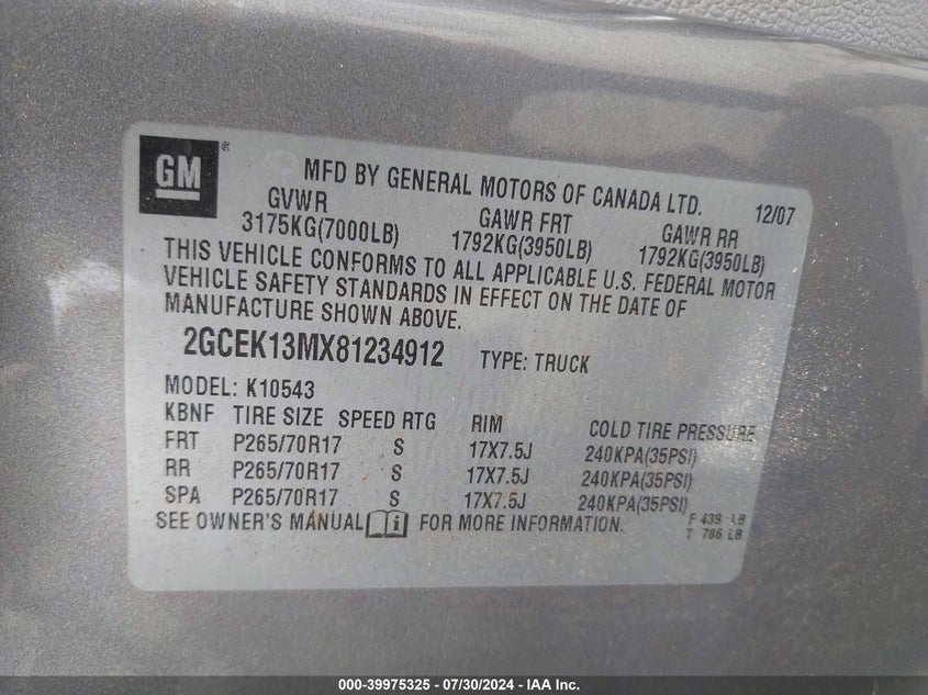 2008 Chevrolet Silverado 1500 Ltz VIN: 2GCEK13MX81234912 Lot: 39975325