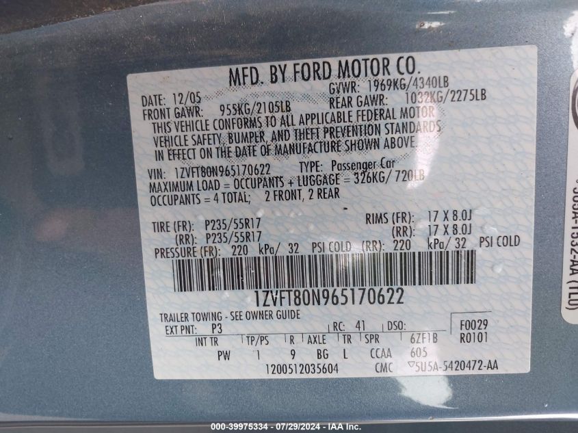 2006 Ford Mustang VIN: 1ZVFT80N965170622 Lot: 39975334