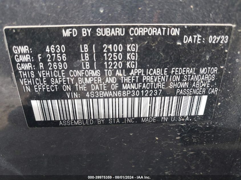 2023 Subaru Legacy Limited VIN: 4S3BWAN68P3012237 Lot: 39975359