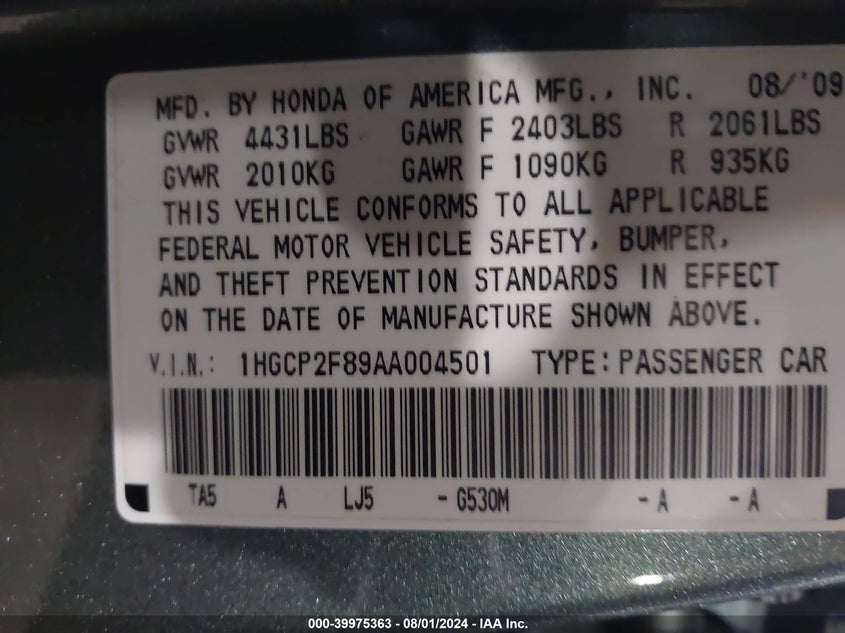 2010 Honda Accord 2.4 Ex-L VIN: 1HGCP2F89AA004501 Lot: 39975363