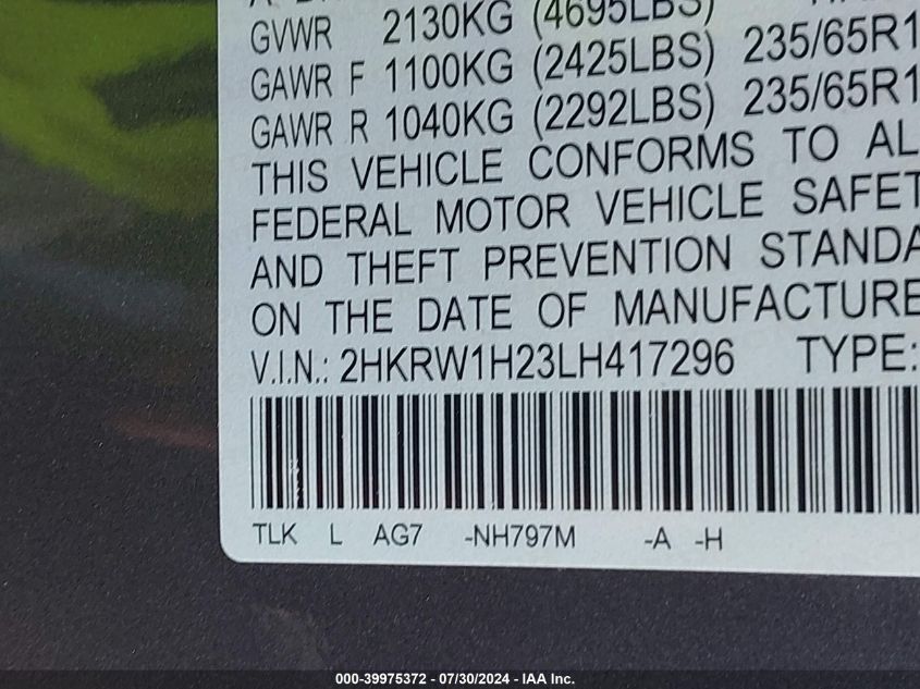 2020 Honda Cr-V 2Wd Lx VIN: 2HKRW1H23LH417296 Lot: 39975372