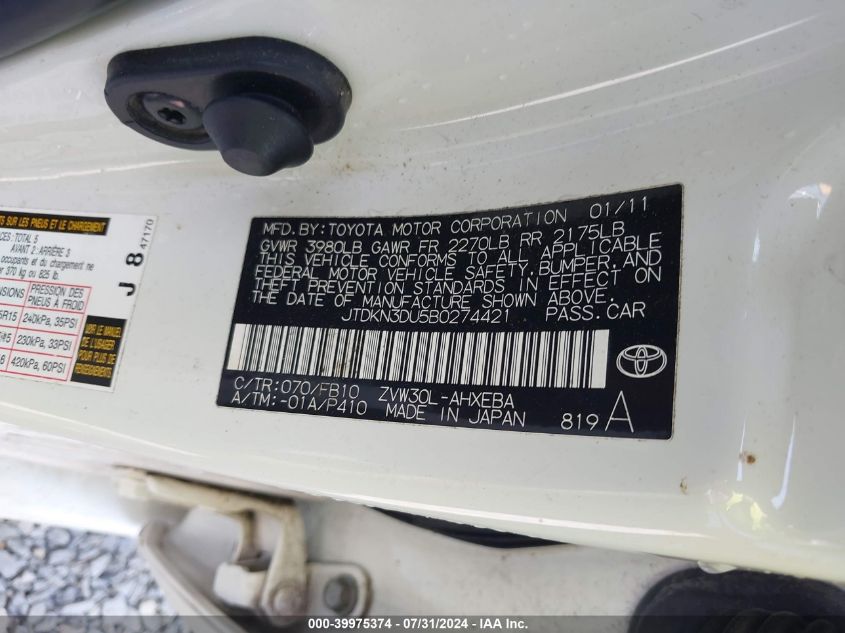 2011 Toyota Prius Three VIN: JTDKN3DU5B0274421 Lot: 39975374