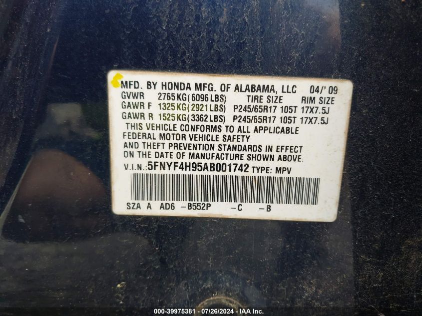 2010 Honda Pilot Touring VIN: 5FNYF4H95AB001742 Lot: 39975381