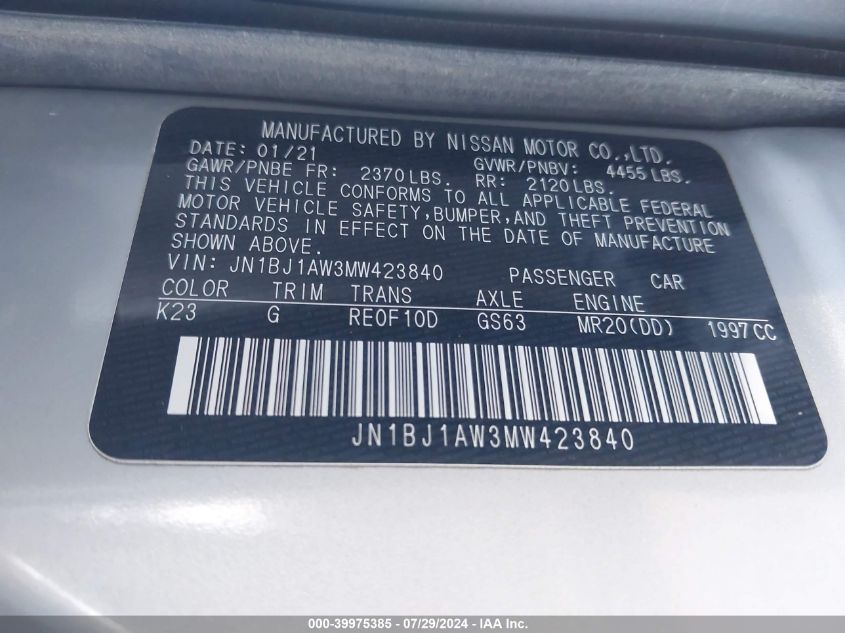 2021 Nissan Rogue Sport S VIN: JN1BJ1AW3MW423840 Lot: 39975385