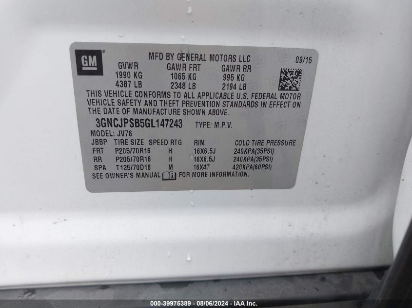 2016 Chevrolet Trax Lt VIN: 3GNCJPSB5GL147243 Lot: 39975389