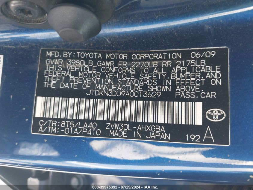 2010 Toyota Prius I/Ii/Iii/Iv/V VIN: JTDKN3DU9A0013629 Lot: 39975392