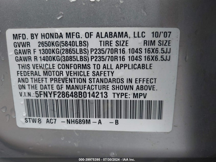 2008 Honda Pilot Ex-L VIN: 5FNYF28648B014213 Lot: 39975395