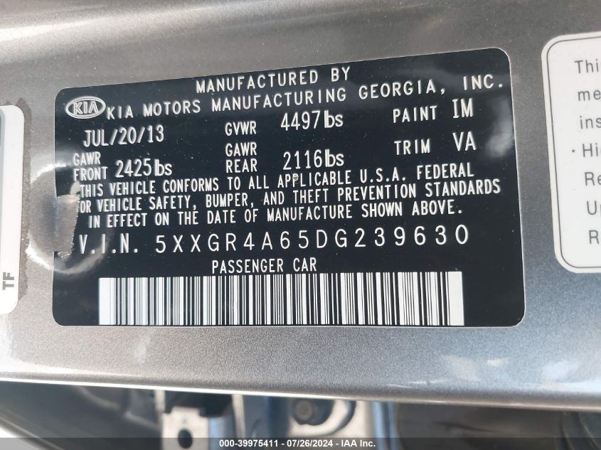 2013 Kia Optima Sx VIN: 5XXGR4A65DG239630 Lot: 39975411