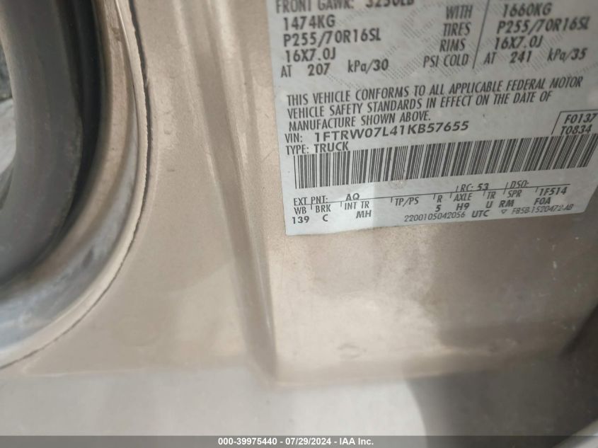 2001 Ford F-150 Harley-Davidson Edition/King Ranch Edition/Lariat/Xlt VIN: 1FTRW07L41KB57655 Lot: 39975440