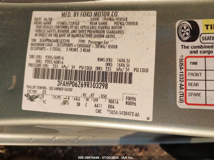 2009 Ford Fusion S VIN: 3FAHP06Z69R103298 Lot: 39975449