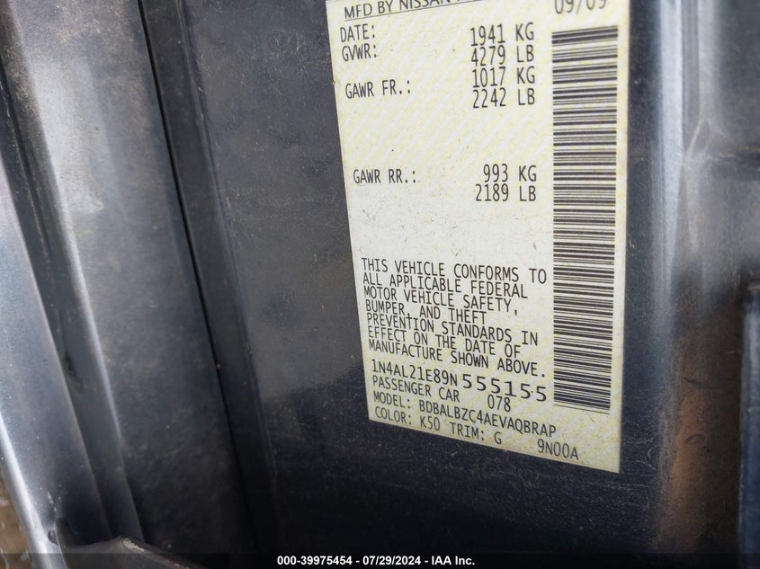 2009 Nissan Altima 2.5 S VIN: 1N4AL21E89N555155 Lot: 39975454