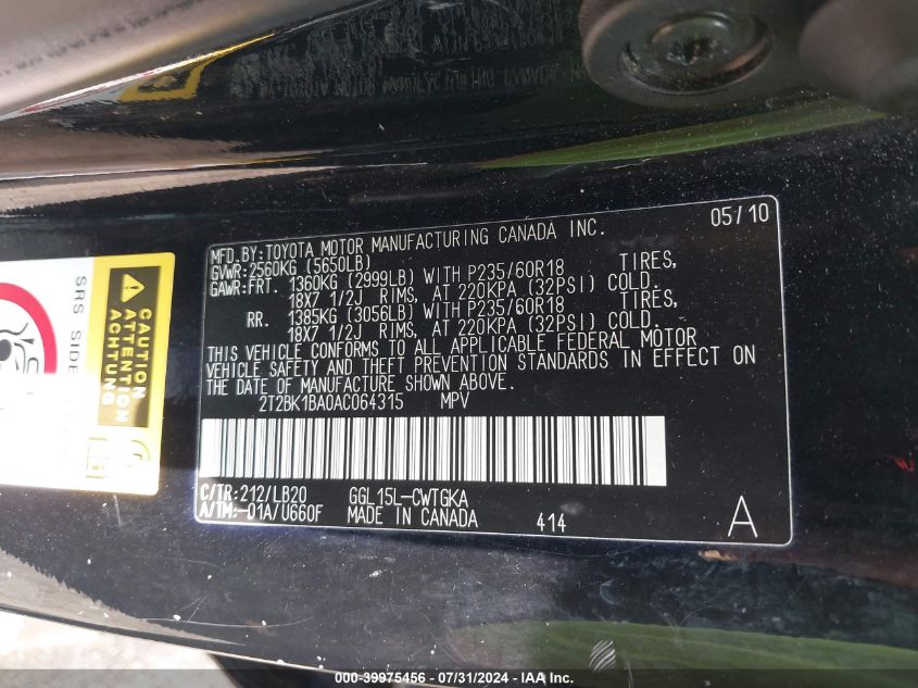 2010 Lexus Rx 350 VIN: 2T2BK1BA0AC064315 Lot: 39975456