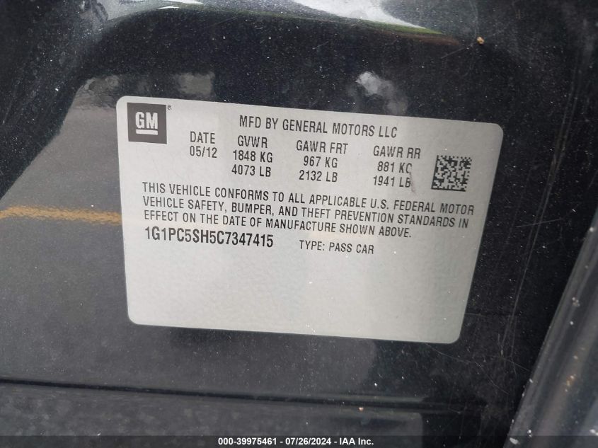 2012 Chevrolet Cruze Ls VIN: 1G1PC5SH5C7347415 Lot: 39975461