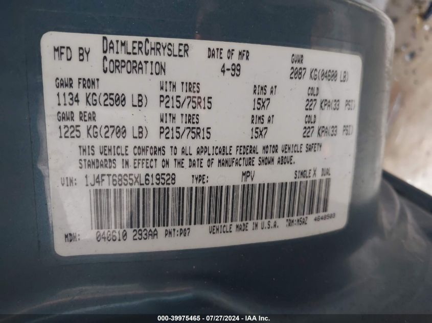 1999 Jeep Cherokee Classic/Sport VIN: 1J4FT68S5XL619528 Lot: 39975465