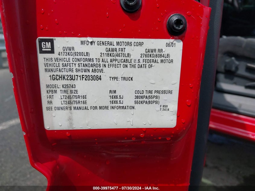 2001 Chevrolet Silverado 2500Hd Ls VIN: 1GCHK23U71F203084 Lot: 39975477