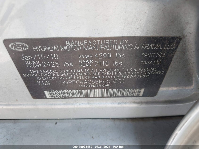 2011 Hyundai Sonata Limited VIN: 5NPEC4AC5BH005536 Lot: 39975482