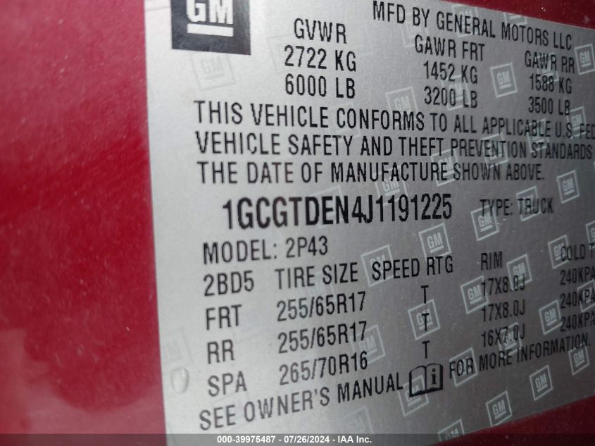 2018 Chevrolet Colorado Z71 VIN: 1GCGTDEN4J1191225 Lot: 39975487