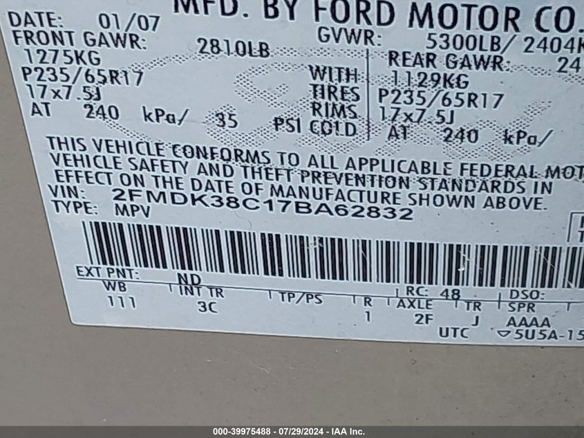 2007 Ford Edge Sel VIN: 2FMDK38C17BA62832 Lot: 39975488