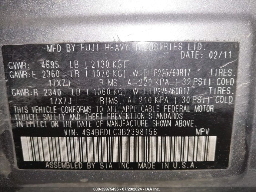 2011 Subaru Outback 3.6R Limited VIN: 4S4BRDLC3B2398156 Lot: 39975495