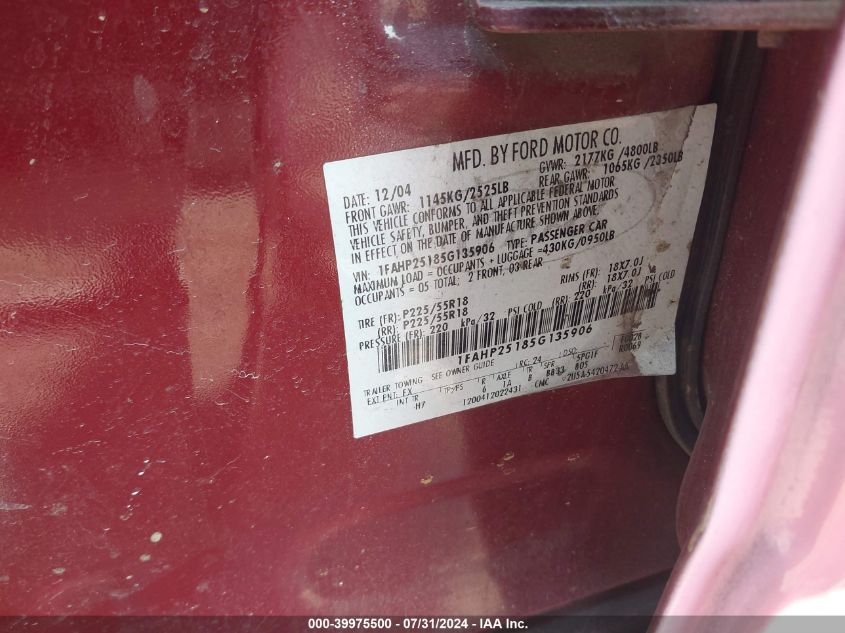 2005 Ford Five Hundred Limited VIN: 1FAHP25185G135906 Lot: 39975500