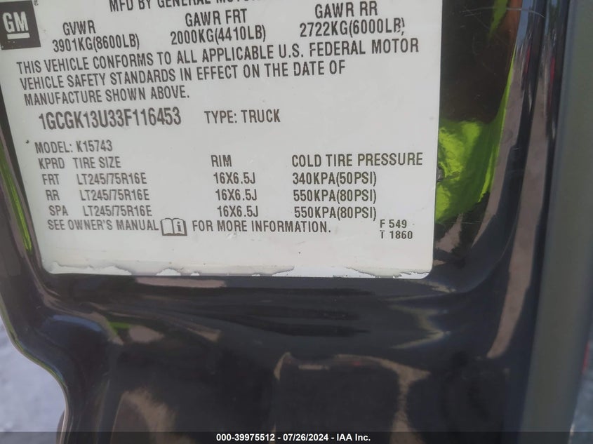 2003 Chevrolet Silverado 1500Hd Ls VIN: 1GCGK13U33F116453 Lot: 39975512