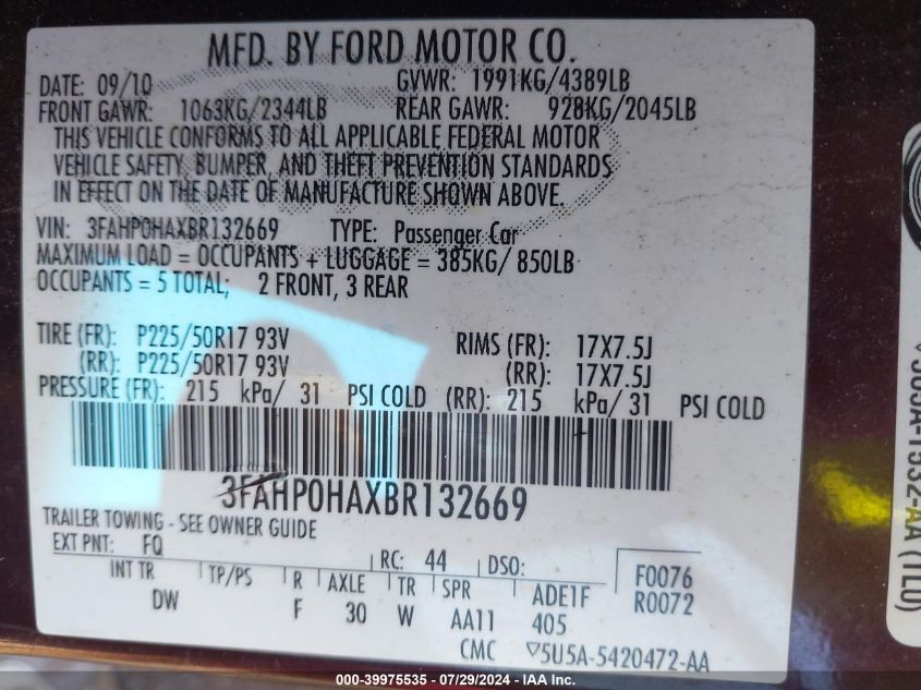 2011 Ford Fusion Se VIN: 3FAHP0HAXBR132669 Lot: 39975535