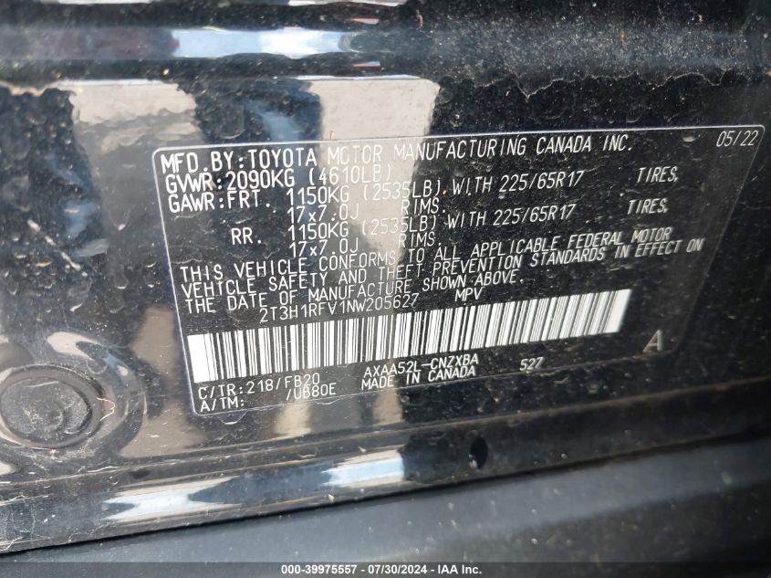 2022 Toyota Rav4 Le VIN: 2T3H1RFV1NW205627 Lot: 39975557