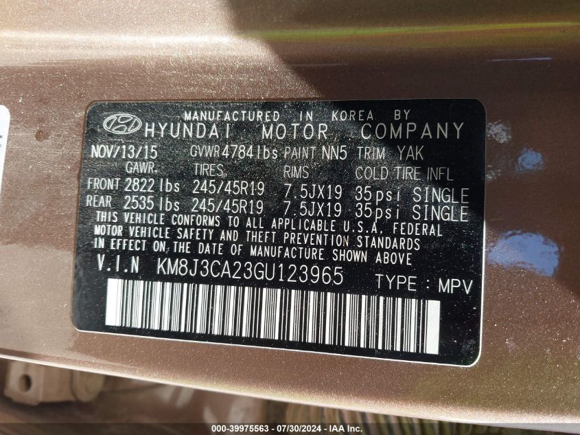 2016 Hyundai Tucson Limited VIN: KM8J3CA23GU123965 Lot: 39975563