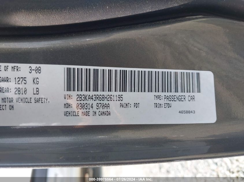 2008 Dodge Charger VIN: 2B3KA43R68H261195 Lot: 39975564