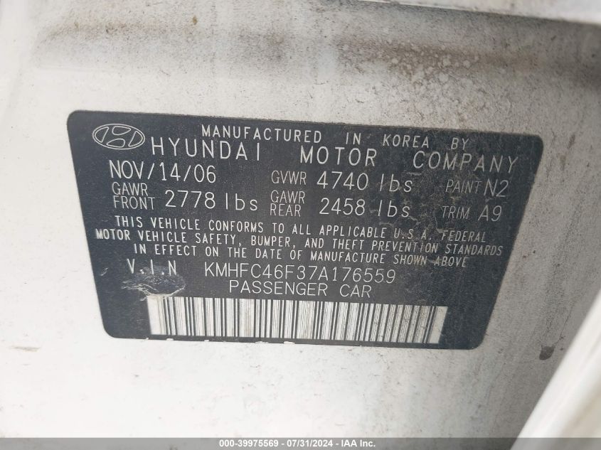 2007 Hyundai Azera Limited/Se VIN: KMHFC46F37A176559 Lot: 39975569