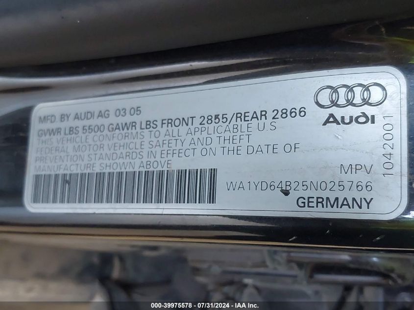 2005 Audi Allroad 2.7T VIN: WA1YD64B25N025766 Lot: 39975578